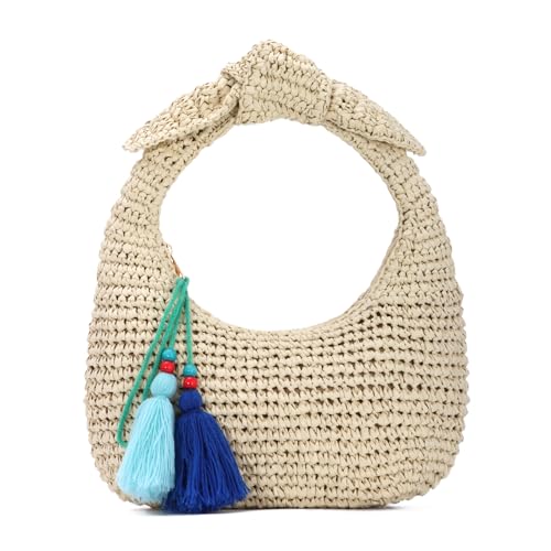 EVEOUT Raffia Clutch Damen mit Schleife Sommer Elegante Stroh Halbmond Handtasche für Hochzeit Party Boho Gewebte Strohtasche für Strand Urlaub von EVEOUT