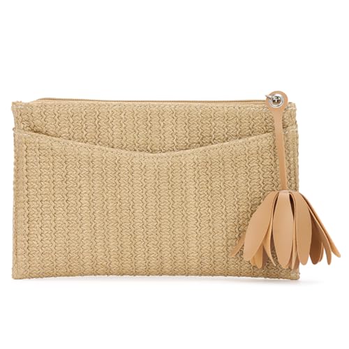 EVEOUT Stroh Clutch Damen mit Blumen-Anhänger Sommer Boho Raffia Strohtasche für Strand Urlaub Gewebt Handtasche für Hochzeit Party Alltag von EVEOUT