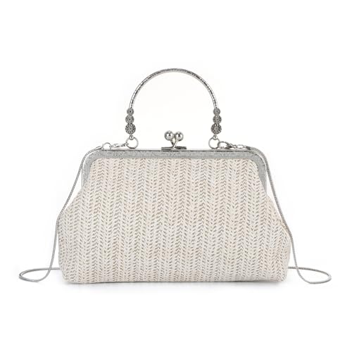 EVEOUT Stroh Clutch Damen mit Kussverschluss Sommer Raffia Umhängetasche Elegante Retro Gewebte Handtasche mit Schulterkette für Party Hochzeit Strand von EVEOUT