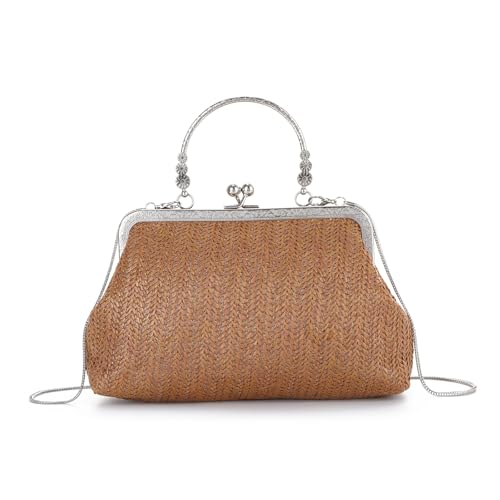 EVEOUT Stroh Clutch Damen mit Kussverschluss Sommer Raffia Umhängetasche Elegante Retro Gewebte Handtasche mit Schulterkette für Party Hochzeit Strand von EVEOUT