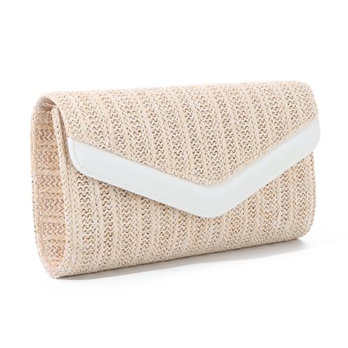 EVEOUT Stroh Clutch Damen mit Schulterkette Sommer Raffia Umhängetasche Elegante Boho Gewebte Envelope Handtasche für Party Hochzeit Strand von EVEOUT