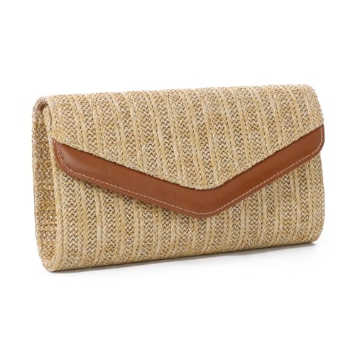 EVEOUT Stroh Clutch Damen mit Schulterkette Sommer Raffia Umhängetasche Elegante Boho Gewebte Envelope Handtasche für Party Hochzeit Strand von EVEOUT