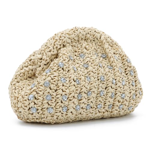 EVEOUT Raffia Clutch Damen mit Kristall und Kette Sommer Stroh Umhängetasche Elegante Boho Gewebte Handtasche für Party Hochzeit Strand Urlaub von EVEOUT