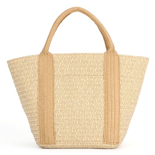 EVEOUT Stroh Henkeltaschen Damen Sommer Elegante Leicht Boho Gewebte Strandtasche Geflochtene Handtasche Raffia Tragetasche für Urlaub Arbeit von EVEOUT