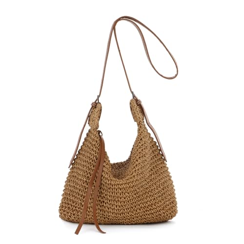 EVEOUT Stroh Umhängetasche Damen Sommer Leicht Gewebte Raffia Crossbody Tasche Lässige Boho Crossbody Strohtasche für Strand Urlaub Alltag von EVEOUT