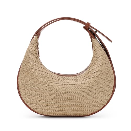 EVEOUT Stroh Umhängetasche Damen Sommer Boho Chic Geflochtene Handtasche mit Verstellbarem Gurt Raffia Gewebte Halbmond Hobo Schultertasche für Strand Urlaub von EVEOUT