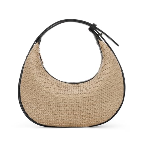 EVEOUT Stroh Umhängetasche Damen Sommer Boho Chic Geflochtene Handtasche mit Verstellbarem Gurt Raffia Gewebte Halbmond Hobo Schultertasche für Strand Urlaub von EVEOUT