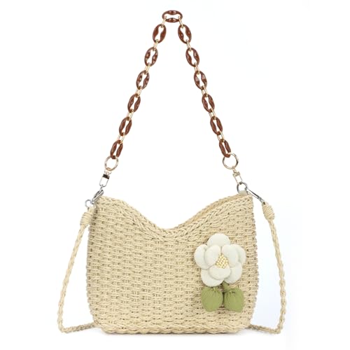 EVEOUT Rattan Umhängetaschen Damen mit Blume Sommer Chic Weidengeflecht Korb Tasche mit Schulterkette Elegant Gewebte Stroh Schultertasche von EVEOUT