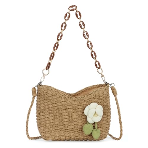 EVEOUT Rattan Umhängetaschen Damen mit Blume Sommer Chic Weidengeflecht Korb Tasche mit Schulterkette Elegant Gewebte Stroh Schultertasche von EVEOUT