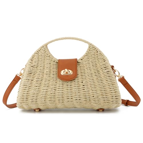 EVEOUT Stroh Umhängetaschen für Damen Mädchen Sommer Boho Chic Rattan Geflecht Korbtasche mit Schulterriemen Mode Polygonale Gewebte Strandtasche von EVEOUT