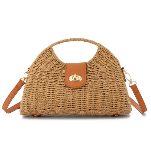 EVEOUT Stroh Umhängetaschen für Damen Mädchen Sommer Boho Chic Rattan Geflecht Korbtasche mit Schulterriemen Mode Polygonale Gewebte Strandtasche von EVEOUT