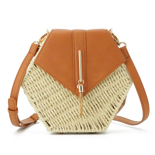 EVEOUT Stroh Umhängetaschen für Damen Mädchen Sommer Stroh Korbtasche Strohsack Mode Polygonale gewebte Schultertaschen Strandtasche von EVEOUT