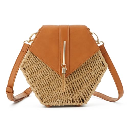 EVEOUT Stroh Umhängetaschen für Damen Mädchen Sommer Stroh Korbtasche Strohsack Mode Polygonale gewebte Schultertaschen Strandtasche von EVEOUT