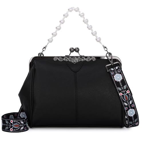 EVEOUT Vintage Damen Handtasche mit Kiss Lock,Kunstleder Umhängetasche mit Perlen-Griff & abnehmbarem Schulterriemen,Alltag & Informelle Abendtasche von EVEOUT