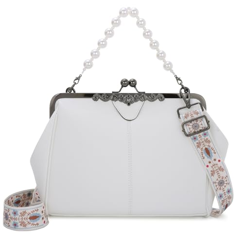 EVEOUT Vintage Damen Handtasche mit Kiss Lock,Kunstleder Umhängetasche mit Perlen-Griff & abnehmbarem Schulterriemen,Alltag & Informelle Abendtasche von EVEOUT
