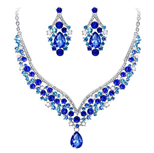 EVER FAITH® österreichischen Kristall V-Form Halskette Ohrring Schmuck Set - blau-Silber-Ton N01911-5 von EVER FAITH