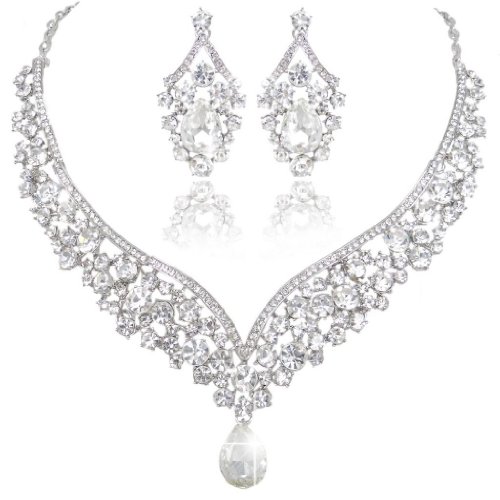 EVER FAITH® österreichischen Kristall V-Form Halskette Ohrring Schmuck Set - klar-Silber-Ton N01911-9 von EVER FAITH
