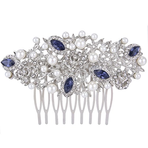EVER FAITH® österreichischen Kristall elegant künstliche Perle Haarkämme Haarschmuck - blau-Silber-Ton N03533-2 von EVER FAITH