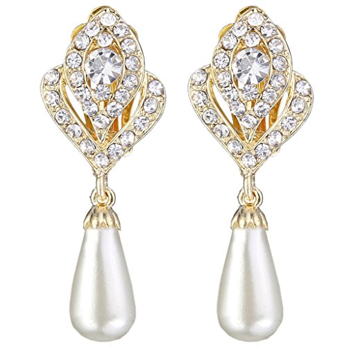 EVER FAITH® österreichischen Kristall künstliche Perle Träne Form elegant Clip On Ohrring klar Gold-Ton N03405-3 von EVER FAITH