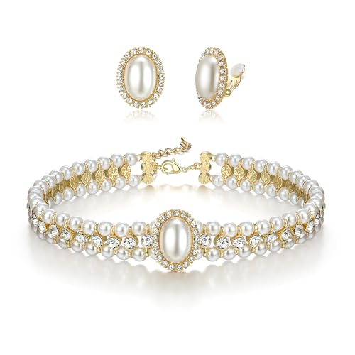 EVER FAITH 1920 Perlenschmuck Set, Vintage Art Deco Strass Kristall Faux Peals Choker Halskette Ohrclips Ohrringe Kostüm Statement Braut Hochzeit Party Schmuck Geschenke für Damen von EVER FAITH