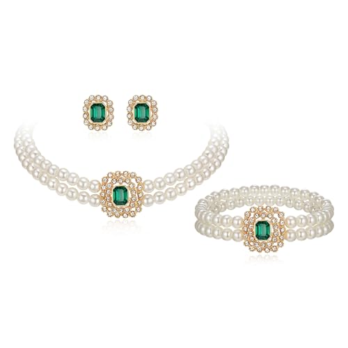 EVER FAITH 1920er Perlen Schmuck Set, 3 Stück Vintage Grün Kristall 2 geschichtet simulierte Perlen Choker Halskette Ohrstecker Armband Sets Art Deco Kostüm Statement Party Schmuck Geschenke von EVER FAITH