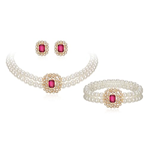 EVER FAITH 1920er Perlen Schmuck Set, 3 Stück Vintage Hot Pink Kristall 2 geschichtet simulierte Perlen Choker Halskette Ohrstecker Armband Sets Art Deco Kostüm Statement Party Schmuck Geschenke von EVER FAITH