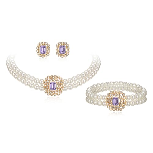 EVER FAITH 1920er Perlen Schmuck Set, 3 Stück Vintage Lila Kristall 2 geschichtet simulierte Perlen Choker Halskette Ohrstecker Armband Sets Art Deco Kostüm Statement Party Schmuck Geschenke von EVER FAITH