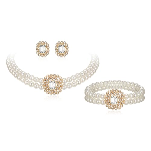 EVER FAITH 1920er Perlen Schmuckset 3 Stück Vintage Schwarz Kristall 2 geschichtet simulierte Perlen Choker Halskette Ohrstecker Armband Sets Art Deco Kostüm Statement Party Schmuck Geschenke von EVER FAITH