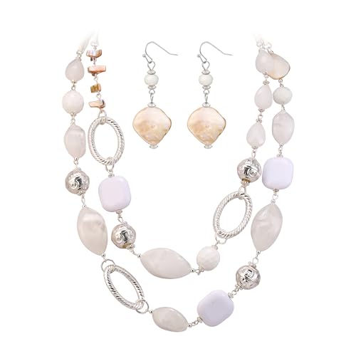 EVER FAITH 2 Multi-schichten Statement Kragen Halskette mit Ohrringe Set, Boho Vintage Handmade Bib Halsketten Bohème Schmuck Set für Damen Weiß von EVER FAITH