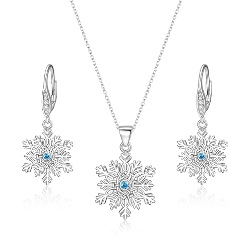 EVER FAITH 2 Stk Schneeflocke Schmuckset Blau Zirkonia Glück irischen keltischen Knoten Halskette baumeln Ohrringe Set Geschenke für Damen Winter Weihnachten von EVER FAITH