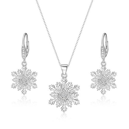 EVER FAITH 2 Stk Schneeflocke Schmuckset klar Zirkonia Glück irischen keltischen Knoten Halskette baumeln Ohrringe Set Geschenke für Damen Winter Weihnachten von EVER FAITH
