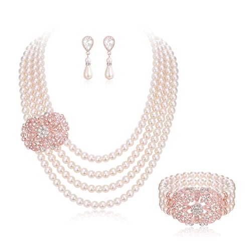 EVER FAITH 20s Great Gatsby Perlen Schmuckset 1920er Jahre Vintage Kostüm Kristall Multi Stränge Faux Perle Blume Chunky Statement Halskette Ohrringe Stretch Armband Set für Damen EVER FAITH 20s Great Gatsby Perlen Schmuckset 1920er Jahre Vintage Kostüm Kristall Multi Stränge Faux Perle Blume Chunky Statement Halskette Ohrringe Stretch Armband Set für Damen von EVER FAITH