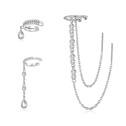 EVER FAITH 3 Stücke Ear Cuff Ohrringe Zirkonia und ohrringe mit kette Set einfädler Mix & Match Ohrring für Damen Mädchen Teens Silber-Ton von EVER FAITH