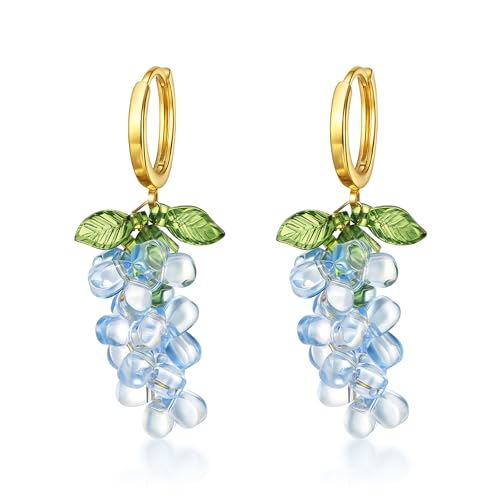 EVER FAITH 3D Acryl Trauben Creolen mit grün Blatt für Damen Sommer Strand Ohrringe Hell Blau von EVER FAITH