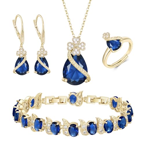 EVER FAITH 4 Stk Klee-Schmuck-Set Birne geformt Cubic Zirkonia Halskette Ohrringe Tennis Armband Ring-Sets formale Schmuck Geschenk für Damen Blau Gold-Ton von EVER FAITH