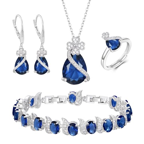 EVER FAITH 4 Stk Klee-Schmuck-Set Birne geformt Cubic Zirkonia Halskette Ohrringe Tennis Armband Ring-Sets formale Schmuck Geschenk für Damen Blau Silber-Ton EVER FAITH 4 Stk Klee-Schmuck-Set Birne geformt Cubic Zirkonia Halskette Ohrringe Tennis Armband Ring-Sets formale Schmuck Geschenk für Damen Blau Silber-Ton von EVER FAITH
