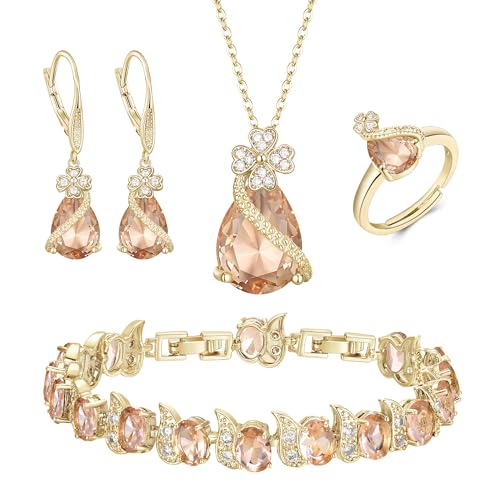 EVER FAITH 4 Stk Klee-Schmuck-Set Birne geformt Cubic Zirkonia Halskette Ohrringe Tennis Armband Ring-Sets formale Schmuck Geschenk für Damen Champagner Gold-Ton von EVER FAITH