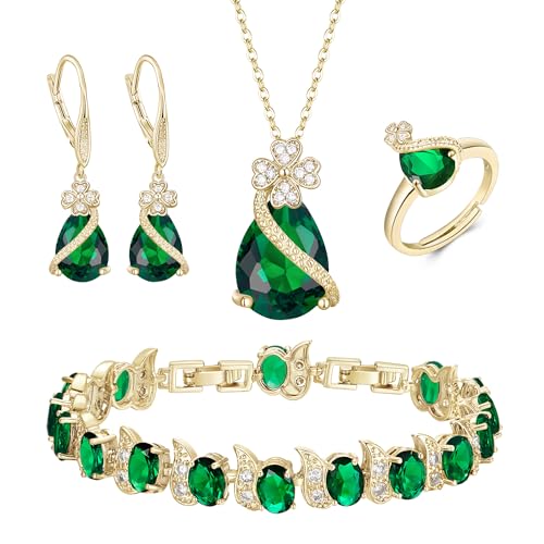 EVER FAITH 4 Stk Klee-Schmuck-Set Birne geformt Cubic Zirkonia Halskette Ohrringe Tennis Armband Ring-Sets formale Schmuck Geschenk für Damen Grün Gold-Ton von EVER FAITH