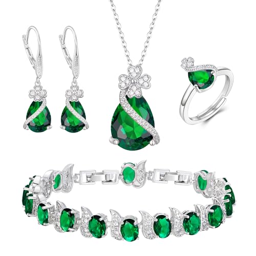 EVER FAITH 4 Stk Klee-Schmuck-Set Birne geformt Cubic Zirkonia Halskette Ohrringe Tennis Armband Ring-Sets formale Schmuck Geschenk für Damen Grün Silber-Ton von EVER FAITH