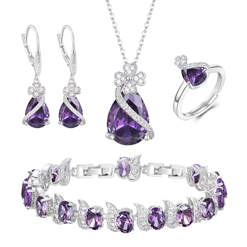 EVER FAITH 4 Stk Klee-Schmuck-Set Birne geformt Cubic Zirkonia Halskette Ohrringe Tennis Armband Ring-Sets formale Schmuck Geschenk für Damen Lila Silber-Ton EVER FAITH 4 Stk Klee-Schmuck-Set Birne geformt Cubic Zirkonia Halskette Ohrringe Tennis Armband Ring-Sets formale Schmuck Geschenk für Damen Lila Silber-Ton von EVER FAITH