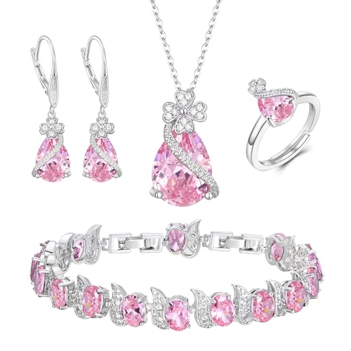 EVER FAITH 4 Stk Klee-Schmuck-Set Birne geformt Cubic Zirkonia Halskette Ohrringe Tennis Armband Ring-Sets formale Schmuck Geschenk für Damen Rosa Silber-Ton von EVER FAITH