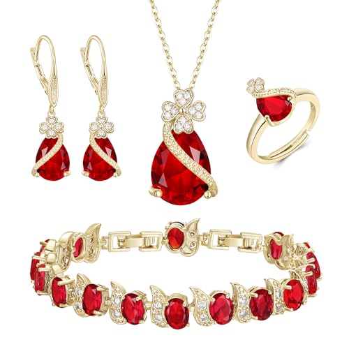 EVER FAITH 4 Stk Klee-Schmuck-Set Birne geformt Cubic Zirkonia Halskette Ohrringe Tennis Armband Ring-Sets formale Schmuck Geschenk für Damen Rot Gold-Ton von EVER FAITH