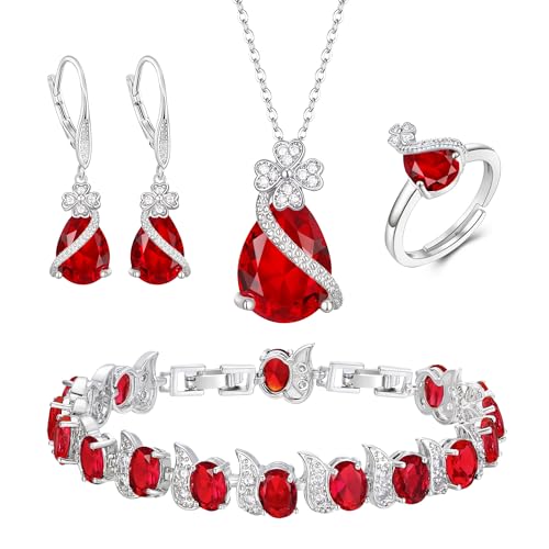 EVER FAITH 4 Stk Klee-Schmuck-Set Birne geformt Cubic Zirkonia Halskette Ohrringe Tennis Armband Ring-Sets formale Schmuck Geschenk für Damen Rot Silber-Ton von EVER FAITH