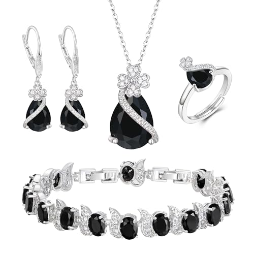 EVER FAITH 4 Stk Klee-Schmuck-Set Birne geformt Cubic Zirkonia Halskette Ohrringe Tennis Armband Ring-Sets formale Schmuck Geschenk für Damen Schwarz Silber-Ton von EVER FAITH