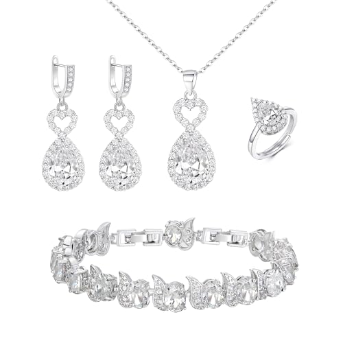 EVER FAITH 4 Stk Schmuck-Set für Damen Teardrop CZ Herz Halskette Ohrringe Armband Ring Schmuck Weihnachten Geburtstag Geschenk für Damen Mama Freund Liebhaber Weiß Silber-Ton EVER FAITH 4 Stk Schmuck-Set für Damen Teardrop CZ Herz Halskette Ohrringe Armband Ring Schmuck Weihnachten Geburtstag Geschenk für Damen Mama Freund Liebhaber Weiß Silber-Ton von EVER FAITH