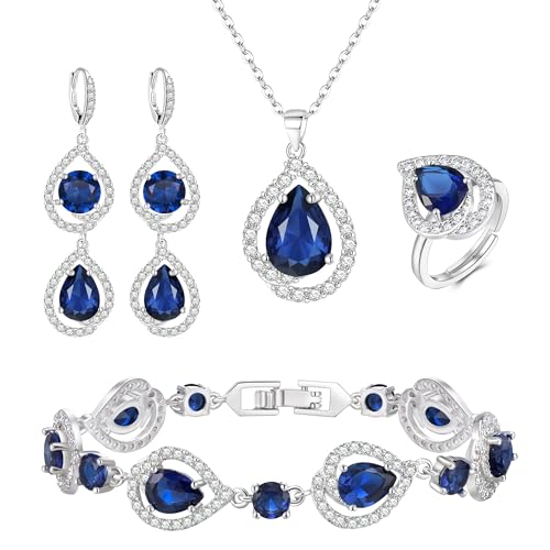EVER FAITH 4 Stück Schmuck Set für Damen Teardrop Cubic Zirkonia Anhänger Halskette Ohrringe Tennis Armband und Offene Ring Sets für Party Hochzeit Blau Silber-Ton EVER FAITH 4 Stück Schmuck Set für Damen Teardrop Cubic Zirkonia Anhänger Halskette Ohrringe Tennis Armband und Offene Ring Sets für Party Hochzeit Blau Silber-Ton von EVER FAITH