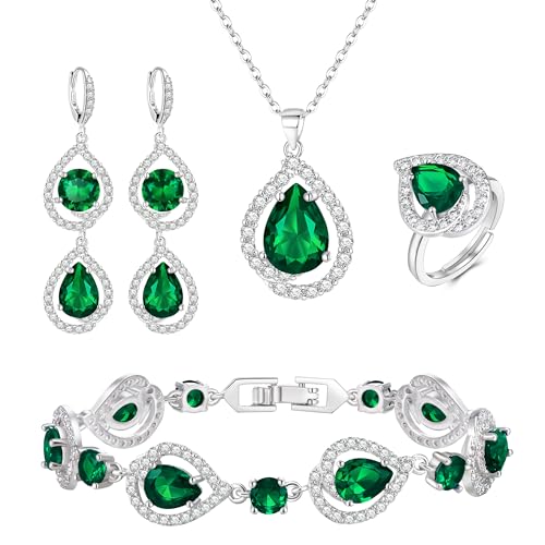 EVER FAITH 4 Stück Schmuck Set für Damen Teardrop Cubic Zirkonia Anhänger Halskette Ohrringe Tennis Armband und Offene Ring Sets für Party Hochzeit Grün Silber-Ton von EVER FAITH