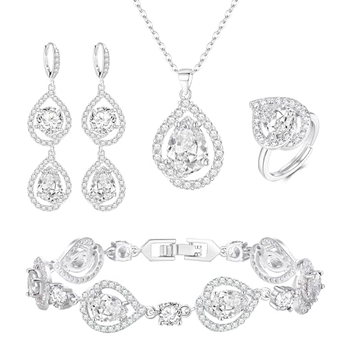 EVER FAITH 4 Stück Schmuck Set für Damen Teardrop Cubic Zirkonia Anhänger Halskette Ohrringe Tennis Armband und Offene Ring Sets für Party Hochzeit Klar Silber-Ton von EVER FAITH