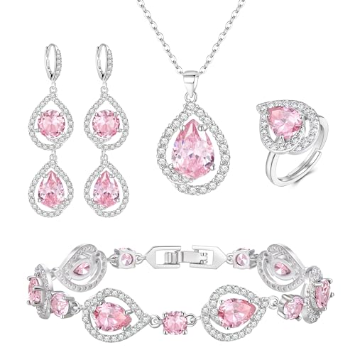 EVER FAITH 4 Stück Schmuck Set für Damen Teardrop Cubic Zirkonia Anhänger Halskette Ohrringe Tennis Armband und Offene Ring Sets für Party Hochzeit Rosa Silber-Ton von EVER FAITH