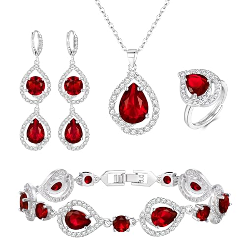 EVER FAITH 4 Stück Schmuck Set für Damen Teardrop Cubic Zirkonia Anhänger Halskette Ohrringe Tennis Armband und Offene Ring Sets für Party Hochzeit Rot Silber-Ton von EVER FAITH